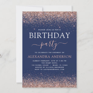 Navy Blue Any Age Birthday Roos Gold Pink Glitter Kaart