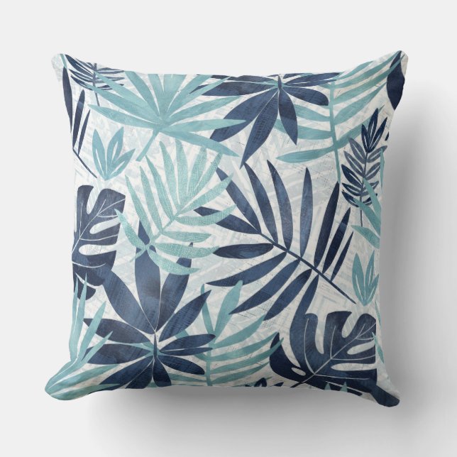 Navy Blue Aqua & White Palm Leaf Sierkussen (Voorkant)