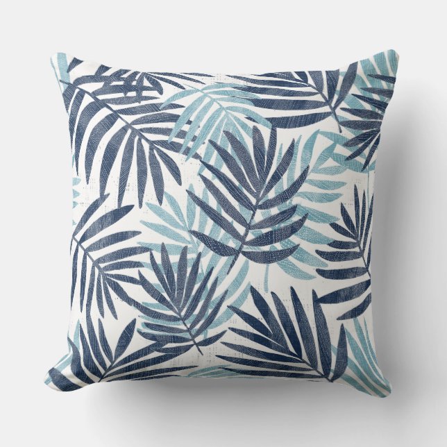 Navy Blue Aqua & White Palm Leaf Sierkussen (Voorkant)