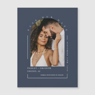 Navy Blue Arch Photo Save Our Date Magnetic Kaart