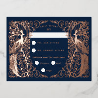 Navy Blue Art Deco Peacocks Roos Gold RSVP-kaart
