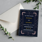 Navy Blue Art Deco Rose Gold Geometric Wedding Kaart