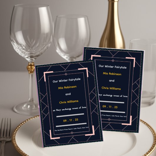 Navy Blue Art Deco Rose Gold Geometric Wedding Kaart
