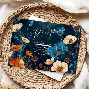  Navy Blue Art Nouveau bruiloft RSVP Kaartje
