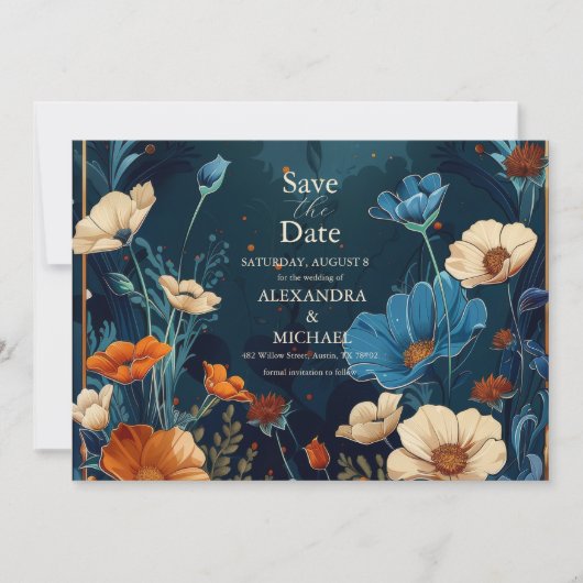  Navy Blue Art Nouveau bruiloft Save The Date (Voorkant)