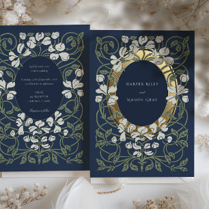 Navy Blue Art Nouveau geïnspireerd bruiloft Folie Uitnodiging