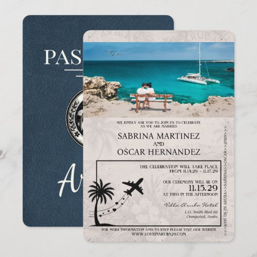 Navy Blue Aruba Passport Wedding Invitation Kaart (Voorkant / Achterkant)