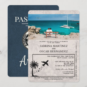 Navy Blue Aruba Passport Wedding Invitation Kaart