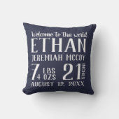 Navy Blue Baby Boy Nursery Birth Stats Coussin (Recto)