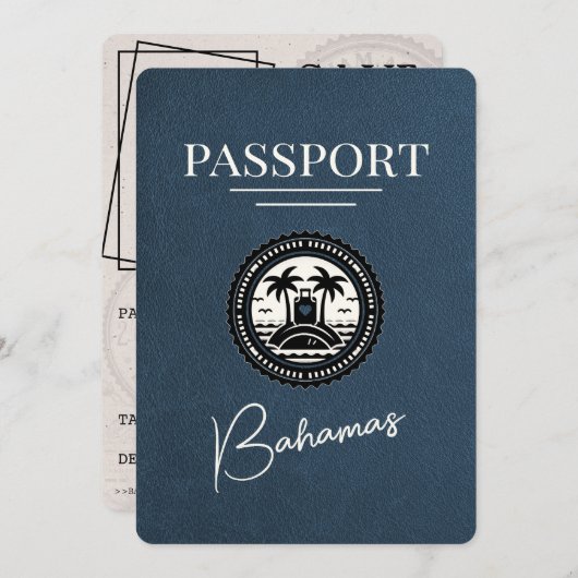Navy Blue Bahama's Passport Bewaar de datum Save The Date (Voorkant / Achterkant)