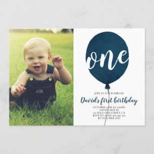 Navy Blue Balloon Boy First Birthday met foto Kaart