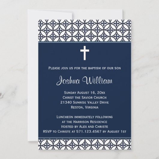 Navy Blue Baptism Christening Invitation Kaart (Voorkant)