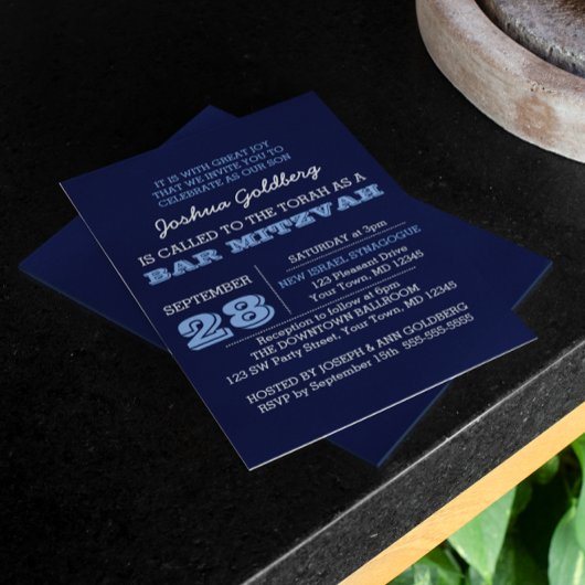 Navy Blue Bar Mitzvah Invitation avec nom Logo