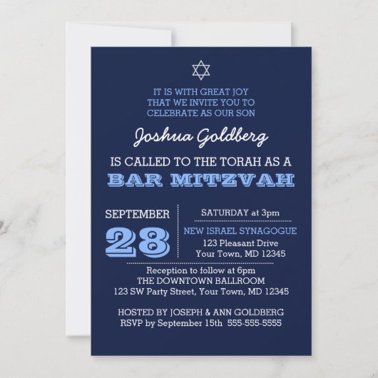 Navy Blue Bar Mitzvah Invitation avec nom Logo (Devant)