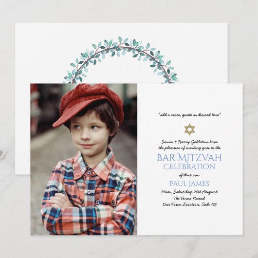 Navy Blue Bar Mitzvah Invitations Élégant Floral (Devant / Derrière)