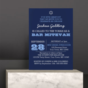 Navy Blue Bar Mitzvah Uitnodiging met naam Logo