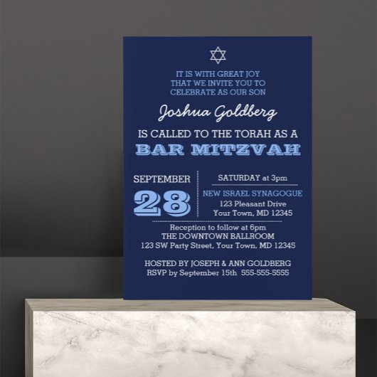 Navy Blue Bar Mitzvah Uitnodiging met naam Logo