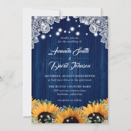 Navy Blue Barn Lace Sunflower Wedding Invitation Kaart (Voorkant)