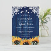 Navy Blue Barn Lace Sunflower Wedding Invitation Kaart (Staand voorkant)