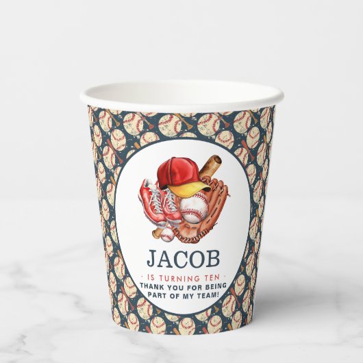 Navy Blue Baseball Kids Verjaardagsfeest Waterverf Papieren Bekers (Achterkant)