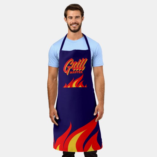 Navy blue BBQ apron with red hot fire flames Schort (Gedragen)