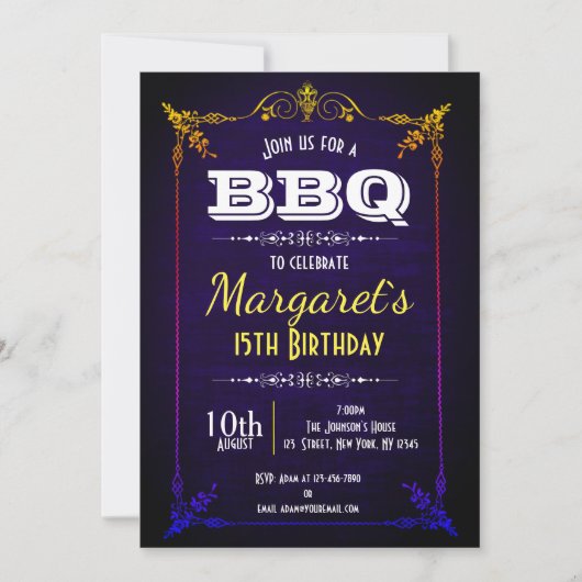 Navy Blue BBQ Birthday Party Invite Kaart (Voorkant)