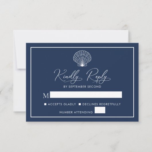 Navy Blue Beach Seashell Elegant Bruiloft RSVP Kaartje (Voorkant)