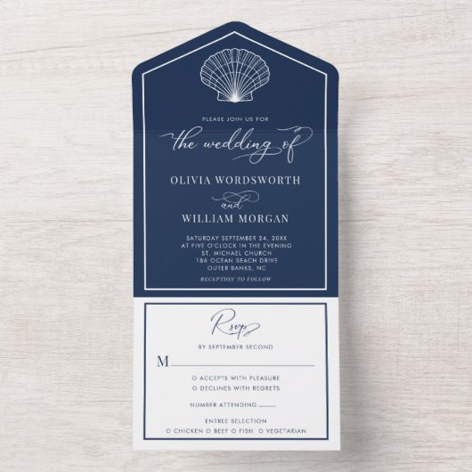 Navy Blue Beach Seashell Kustbruiloft All In One Uitnodiging (Binnen)