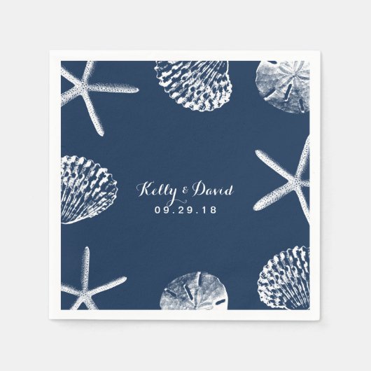 Navy Blue Beach Seashells Weddenschap Servetten (Voorkant)
