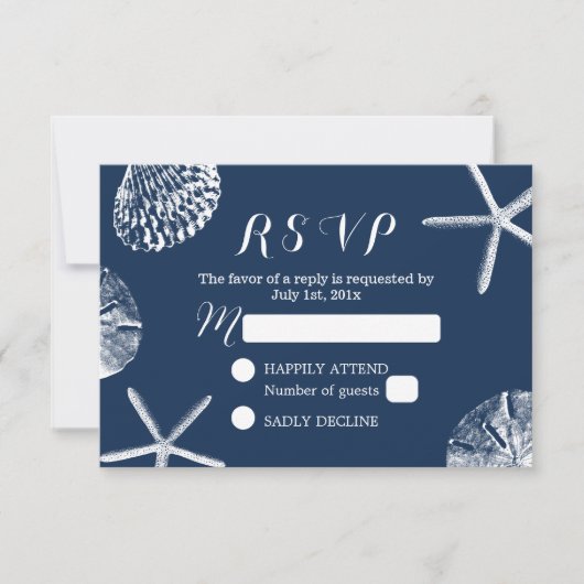 Navy Blue Beach Theme Seashells Weddenschap RSVP (Voorkant)