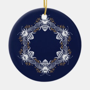 Navy Blue Bee Circle Keramisch Ornament