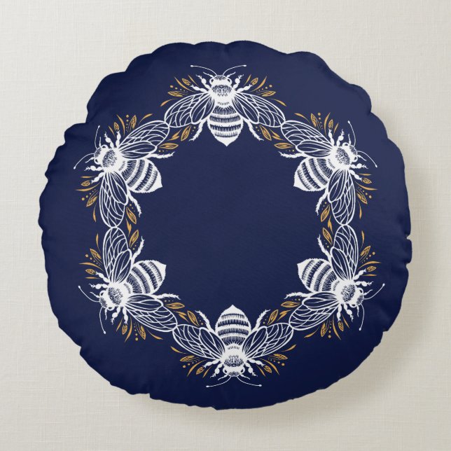 Navy Blue Bee Circle Rond Kussen (Voorkant)
