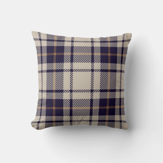 Navy Blue beige Scottish Tartan Pset Pattern Kussen (Voorkant)