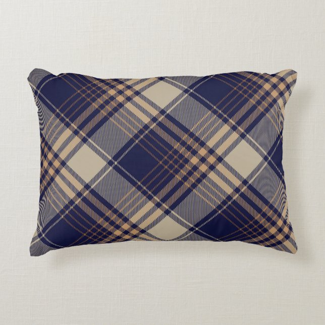 Navy Blue Beige Tartan Pset Argyle Patroon Accent Kussen (Voorkant)