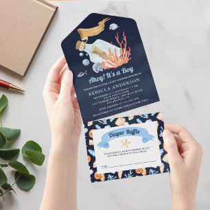 Navy Blue Bericht in een Fles Nautisch Babyfeestje All In One Uitnodiging