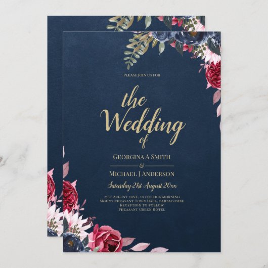 Navy Blue Berry Floral Burgundy Winter Herfst Kaart (Voorkant / Achterkant)