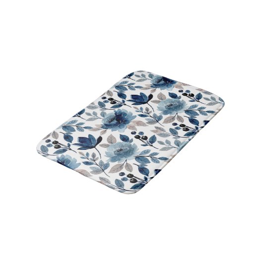Navy Blue Berry Rozen Floral Pattern Bath Mat (Gekanteld)