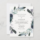 Navy Blue Black Floral Wreath Wedding Invitation Kaart (Voorkant)
