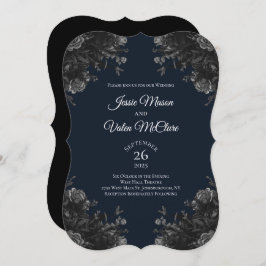 Navy Blue Black Grey Rozen Gothic Elegant Wedding Kaart