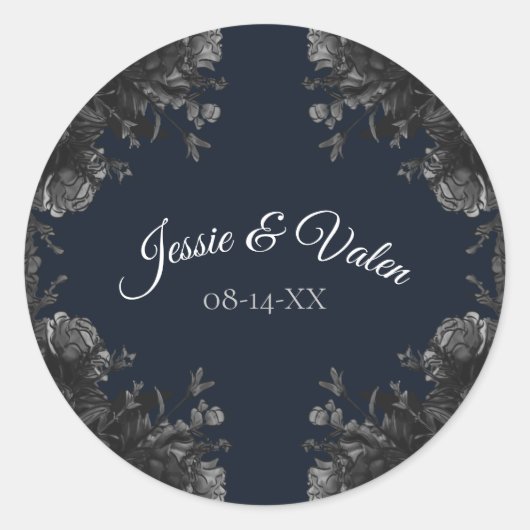 Navy Blue Black Grey Rozen Gothic Wedding Ronde Sticker (Voorkant)