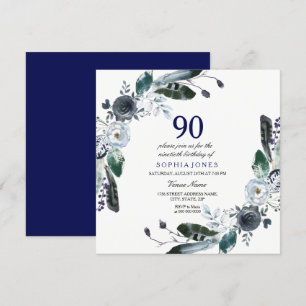 Navy Blue Black White Floral 90th Birthday Invite Kaart