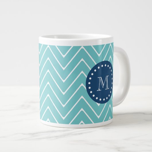 Navy Blue, Blauwgroen Chevron Pattern | Uw monogra Jumbo Mok (Voorkant rechts)