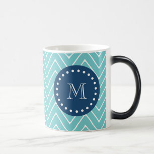 Navy Blue, Blauwgroen Chevron Pattern   Uw monogra Magische Mok