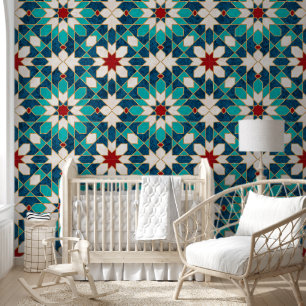 Navy Blue Blauwgroen witte marmer Marokkaanse moza Behang