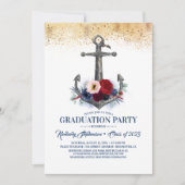 Navy Blue Bloemen Anker Nautisch Afstuderen Kaart (Voorkant)