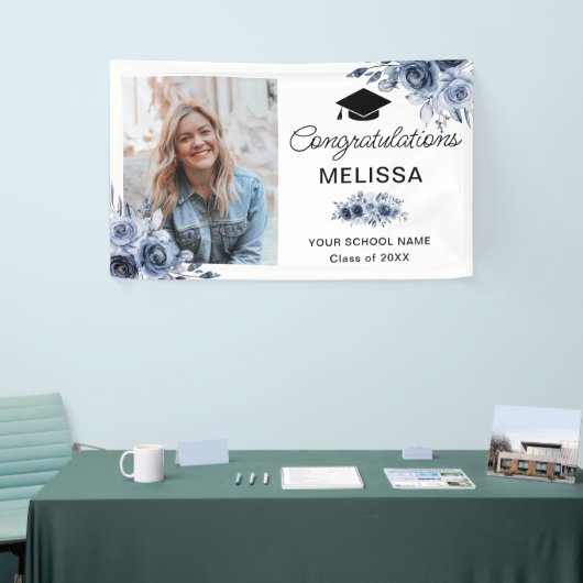 Navy Blue Bloemen Gefeliciteerd Spandoek (Beurs)