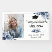 Navy Blue Bloemen Gefeliciteerd Spandoek (Horizontaal)