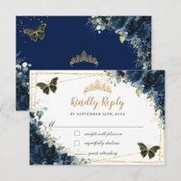 Navy Blue Bloemen Gouden Vlinder Quinceañera Antwo