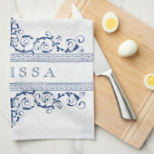 Navy Blue  Bloemen Swirls Lijst Theedoek (Quarter Fold)