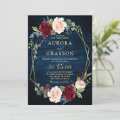 Navy Blue Blush Burgundy Gold Geometric Weddenscha Kaart (Staand voorkant)
